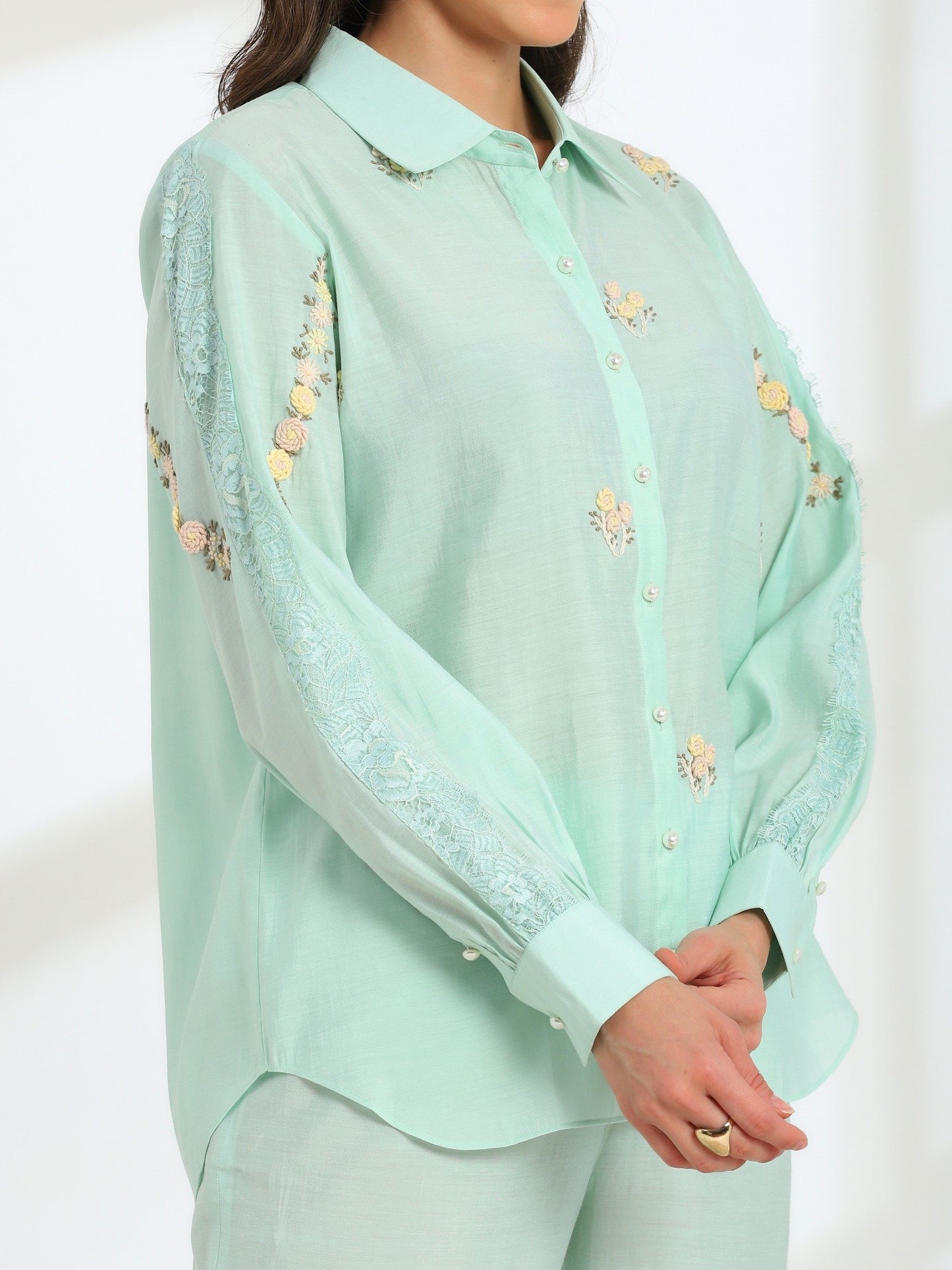 Spring Mint Hand Embroidered French Lace Silk Cotton Co-ord Set