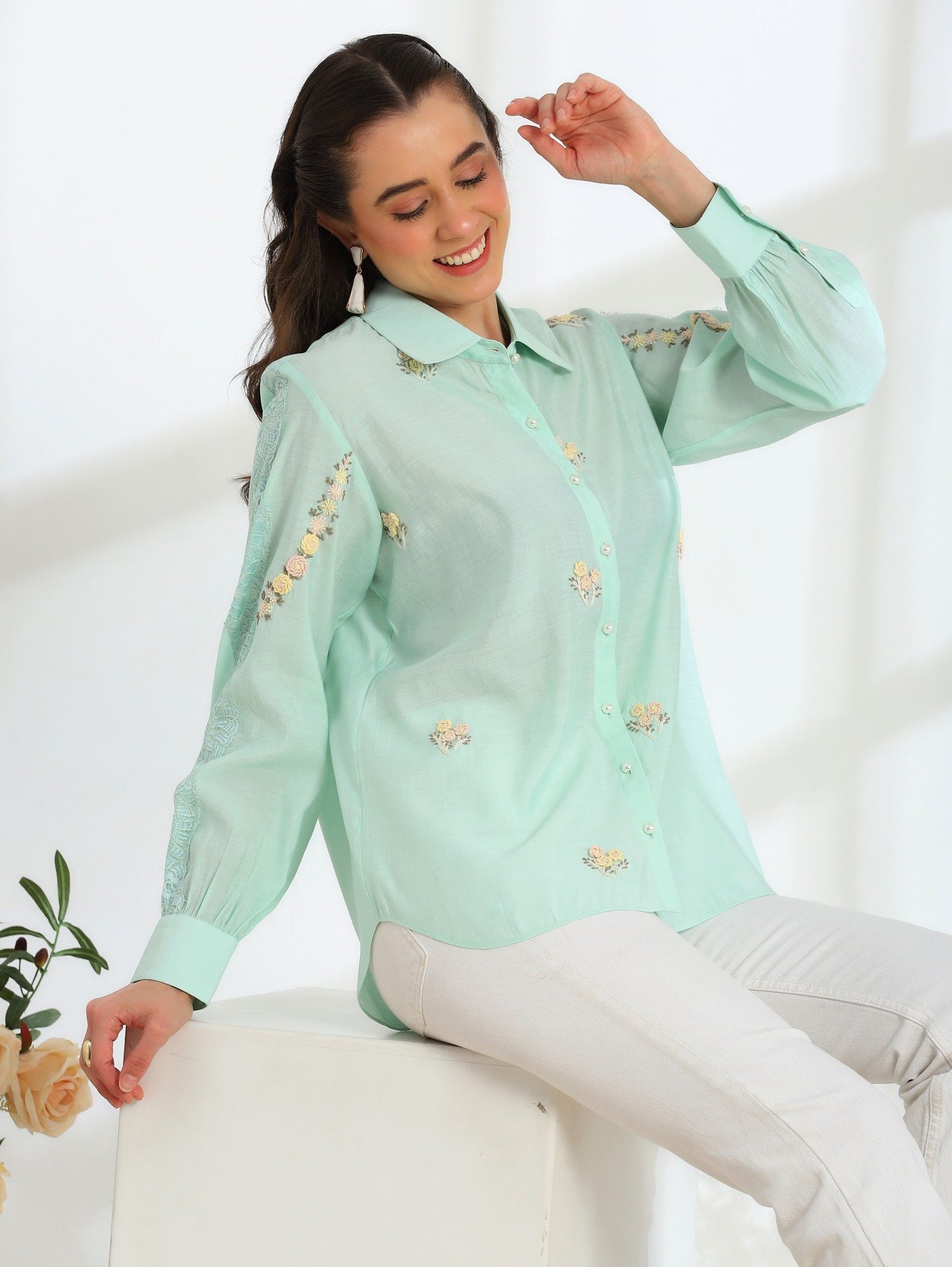 Hand Embroidered French Lace Silk Cotton Shirt