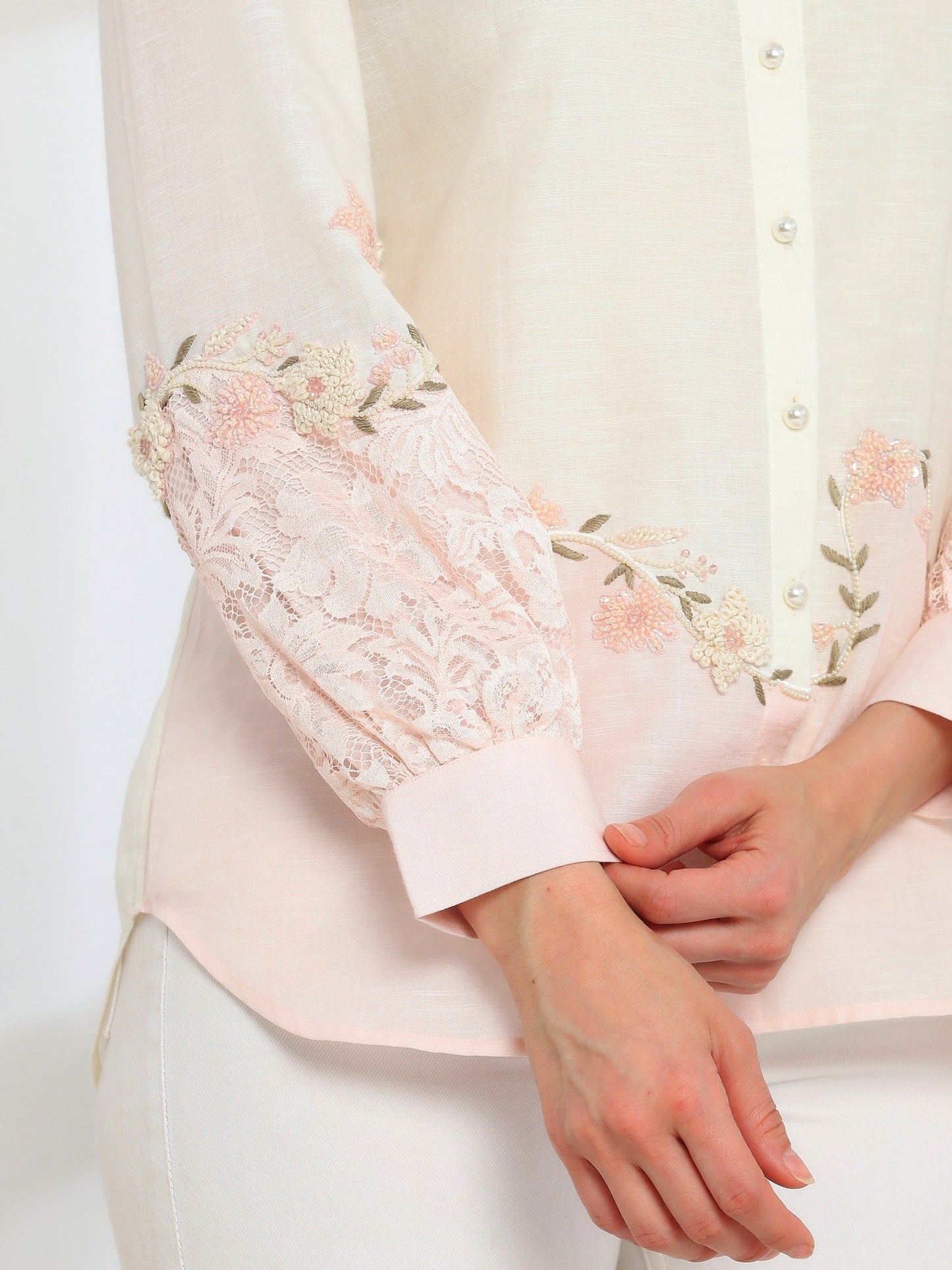 Cendre Pink Hand Embroidered French Lace Silk Linen Shirt