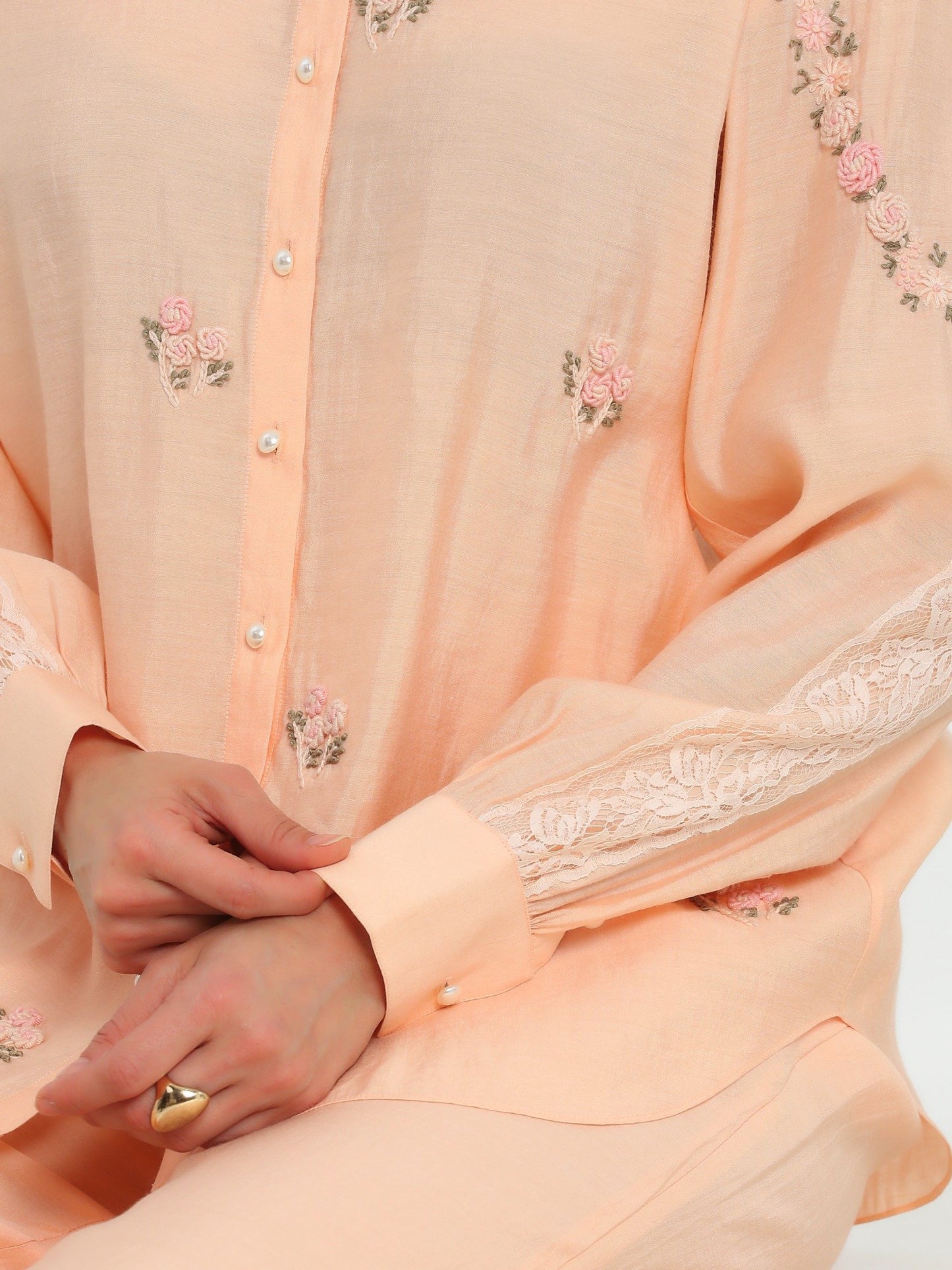 Spring Peach Hand Embroidered French Lace Silk Co-ord Set