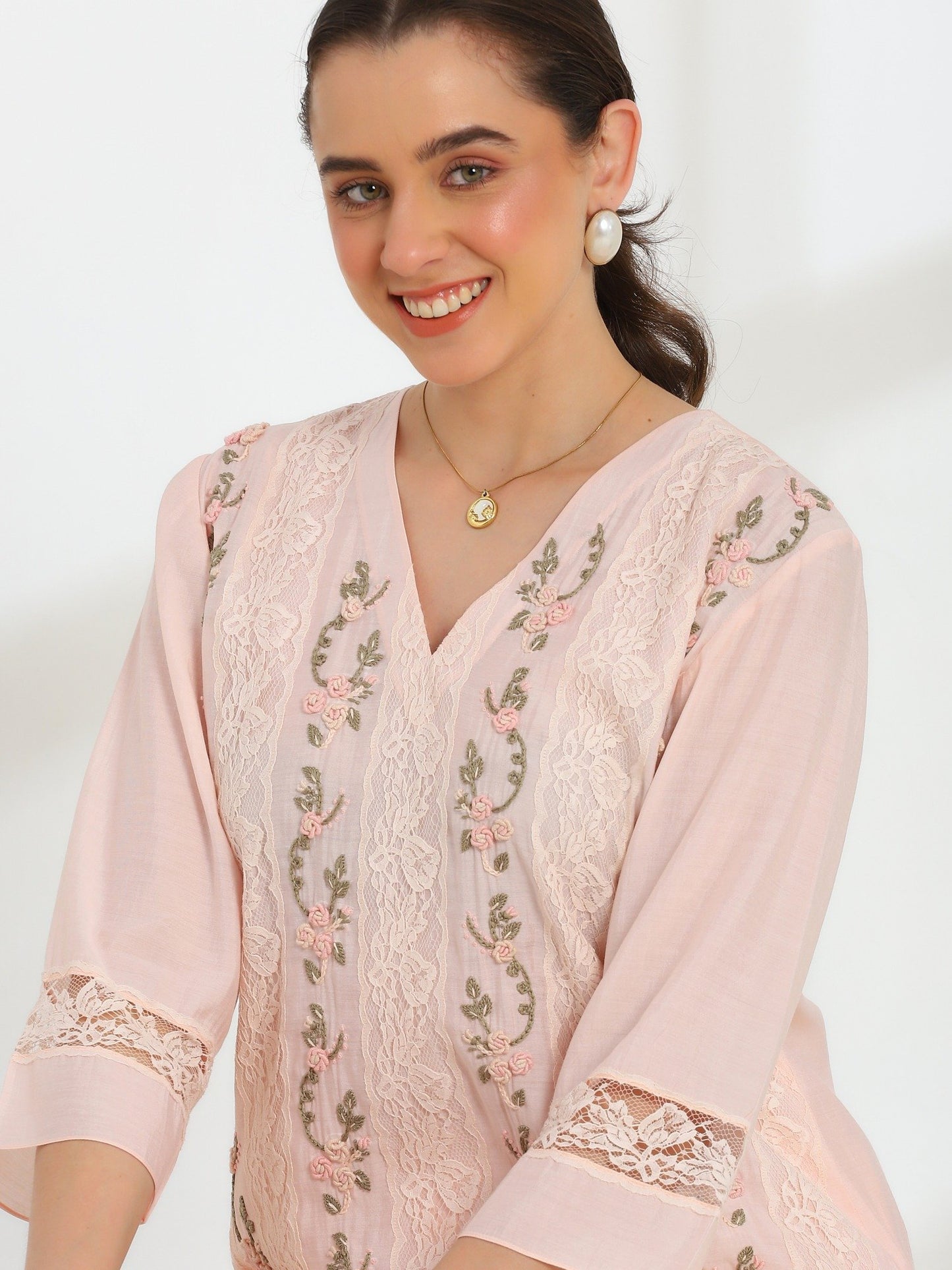 Rosella Bloom Hand Embroidered French lace Cotton Silk Kurta Set