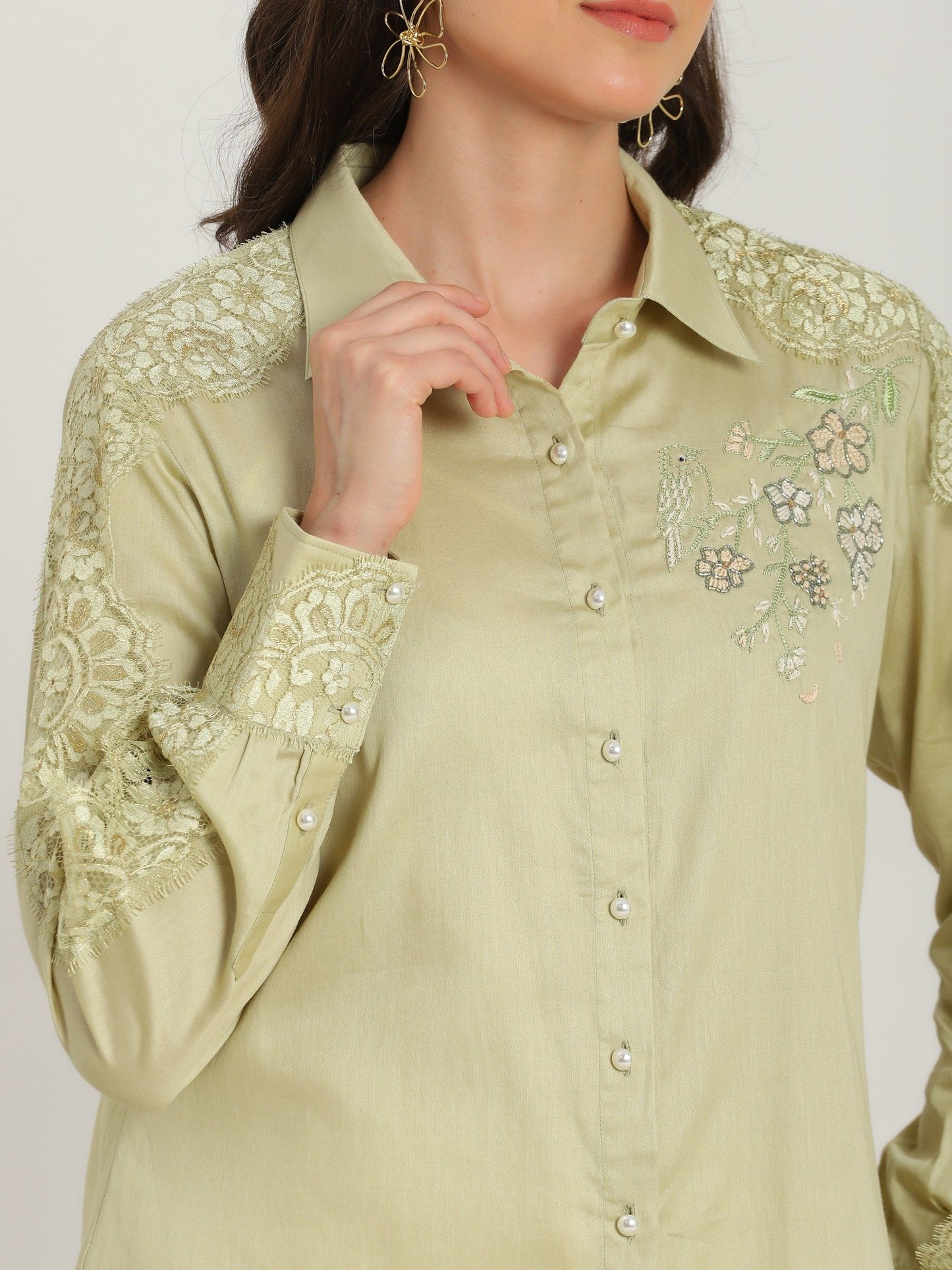 Soft Fern Hand Embroidered French lace Glazed Cotton Shirt