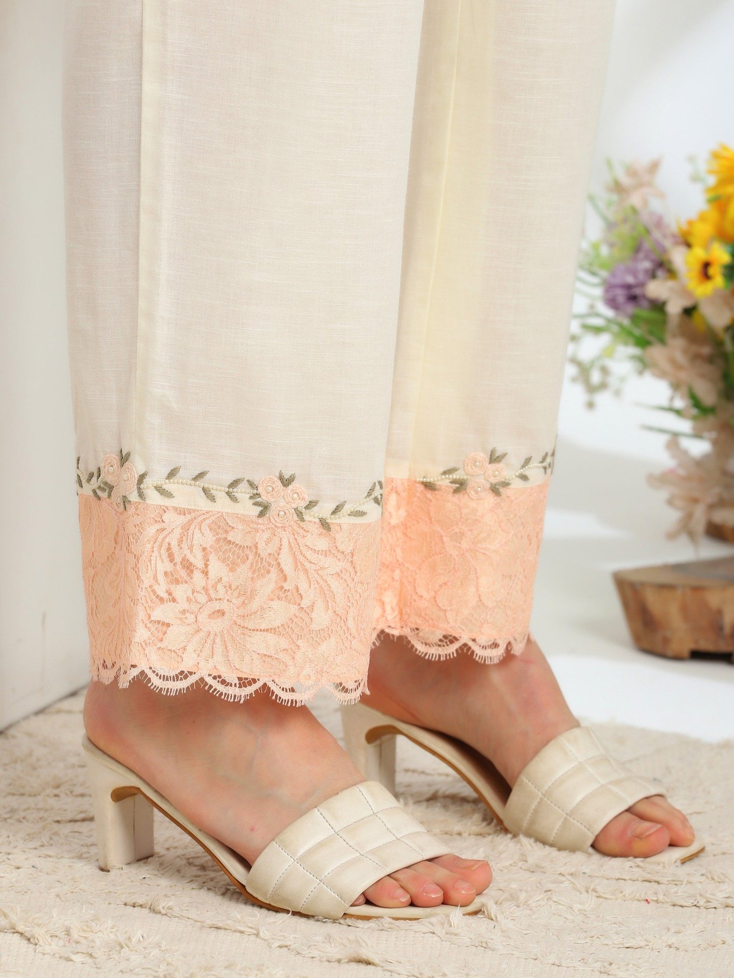 Floréa Peach Hand Embroidered French lace Silk Linen Co-ord Set