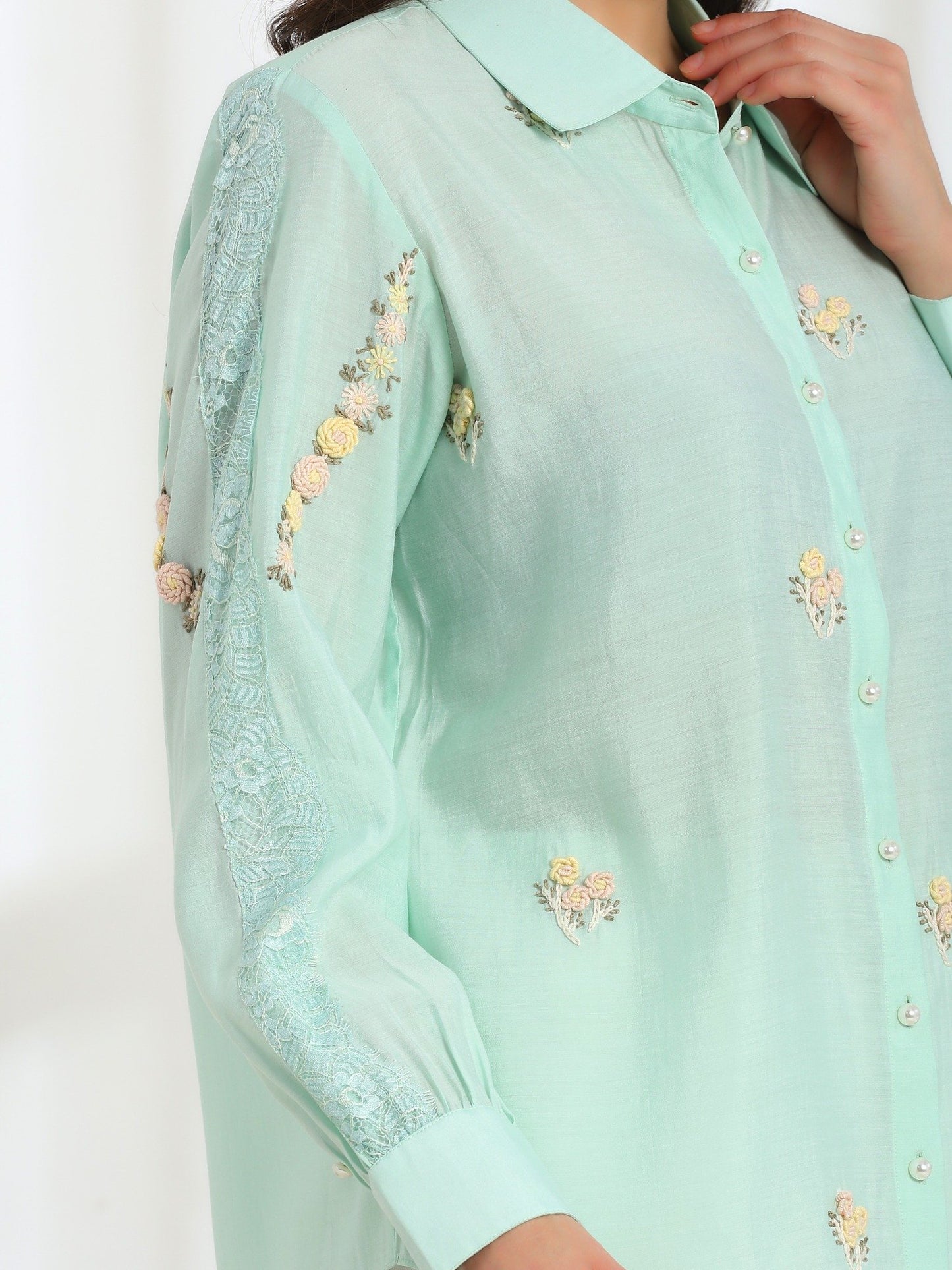 Hand Embroidered French Lace Silk Cotton Shirt