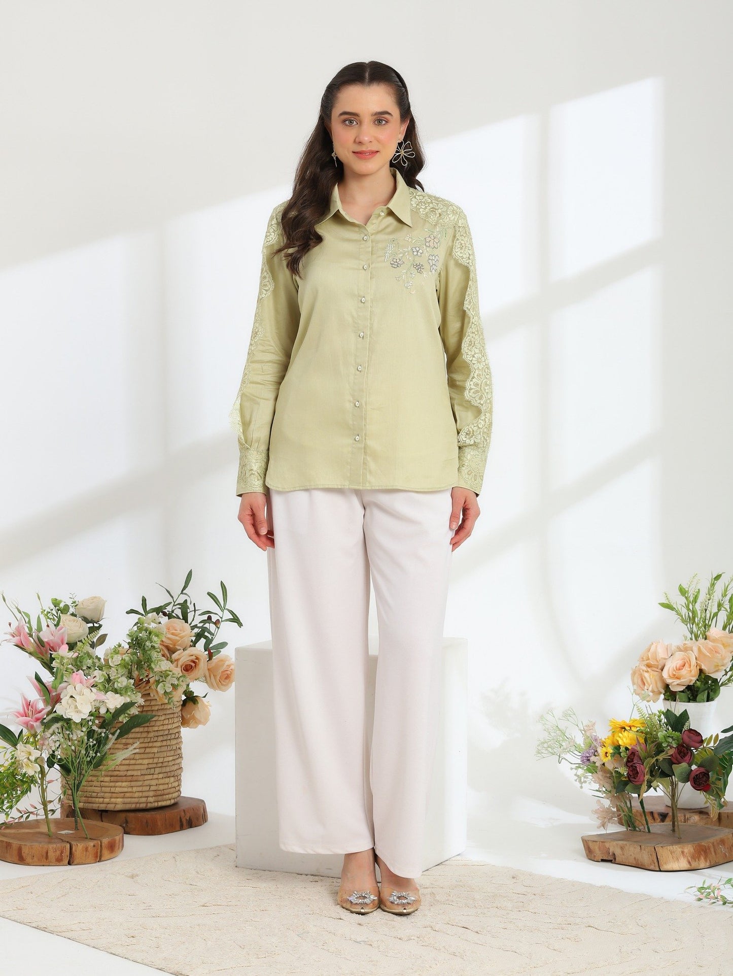Soft Fern Hand Embroidered French lace Glazed Cotton Shirt