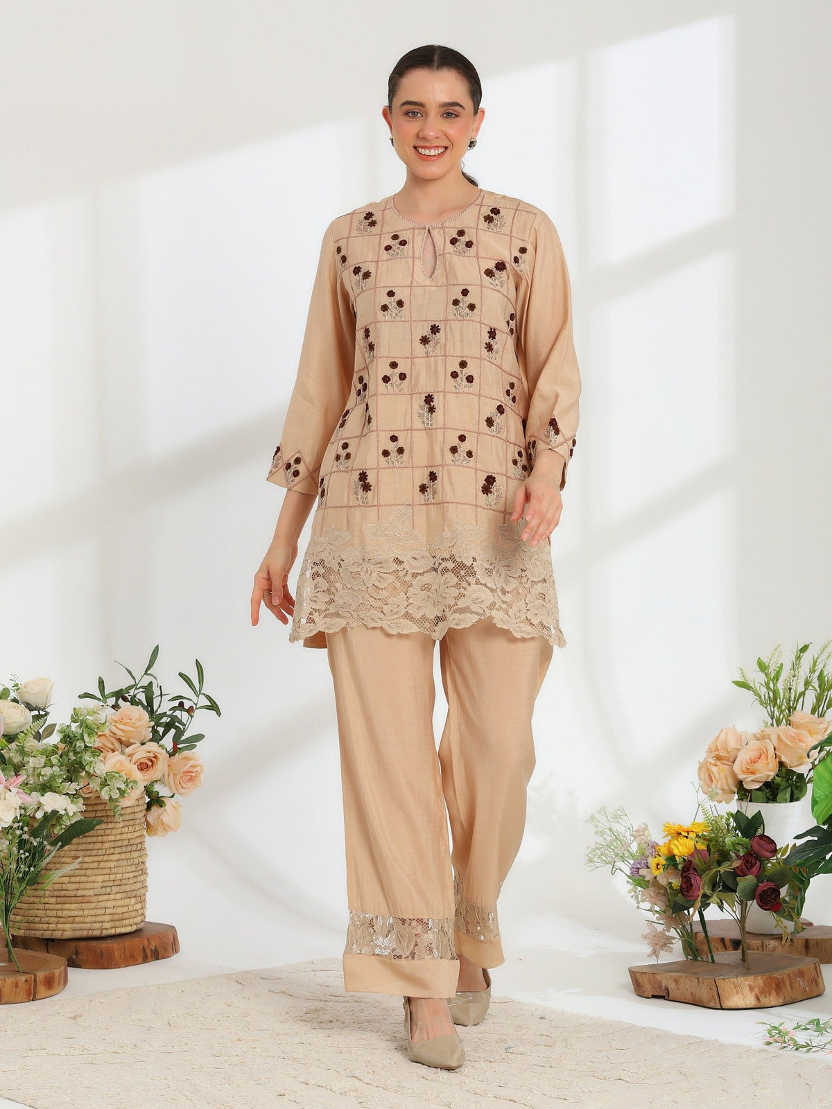 Auré Beige Hand Embroidered French lace Silk cotton Kurta Set