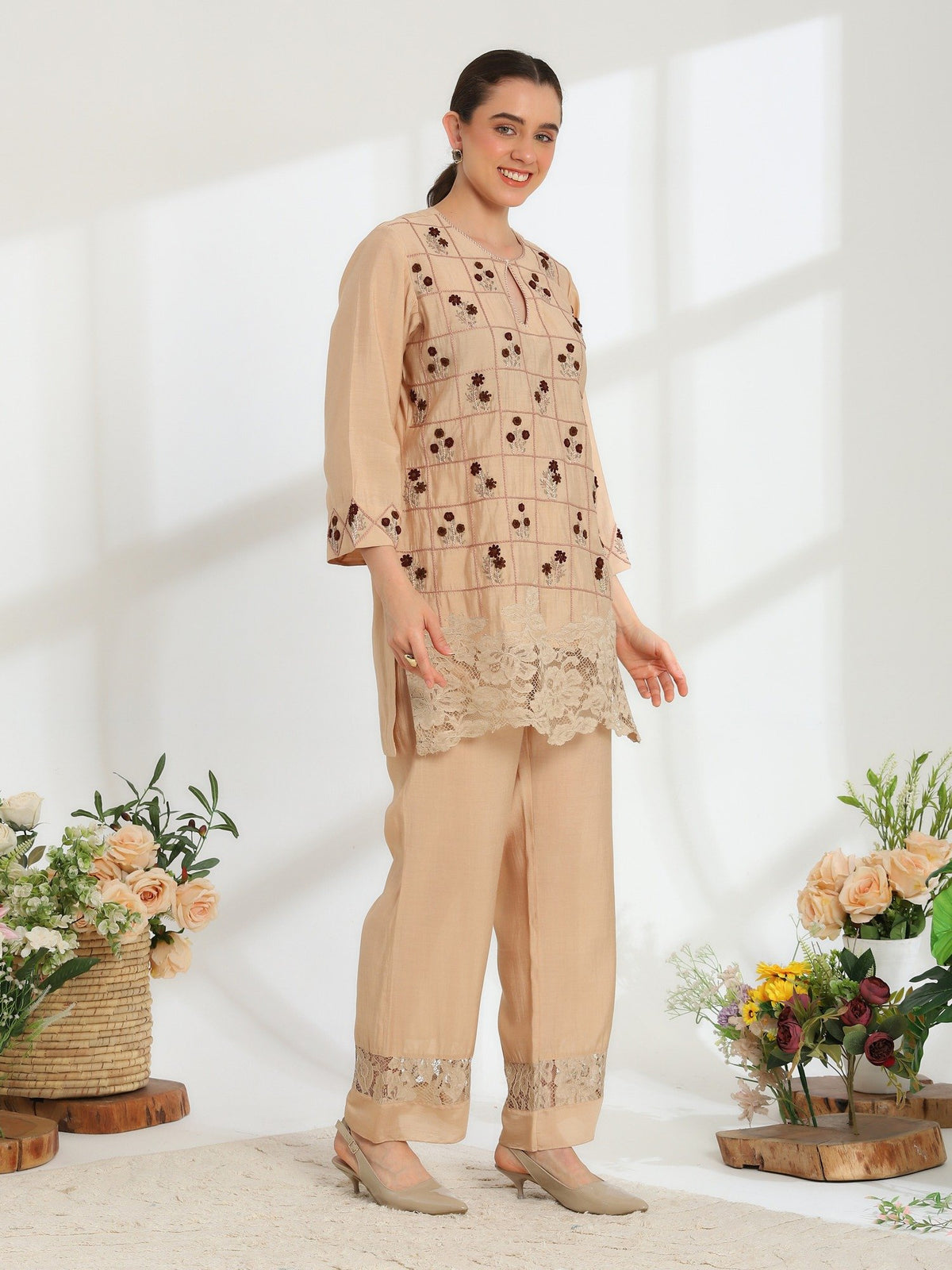 Auré Beige Hand Embroidered French lace Silk cotton Kurta Set