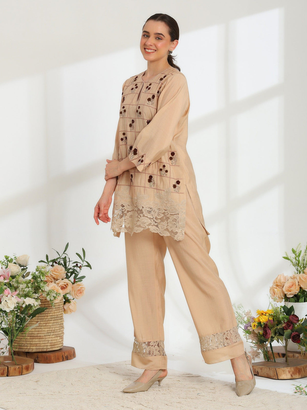 Auré Beige Hand Embroidered French lace Silk cotton Kurta Set