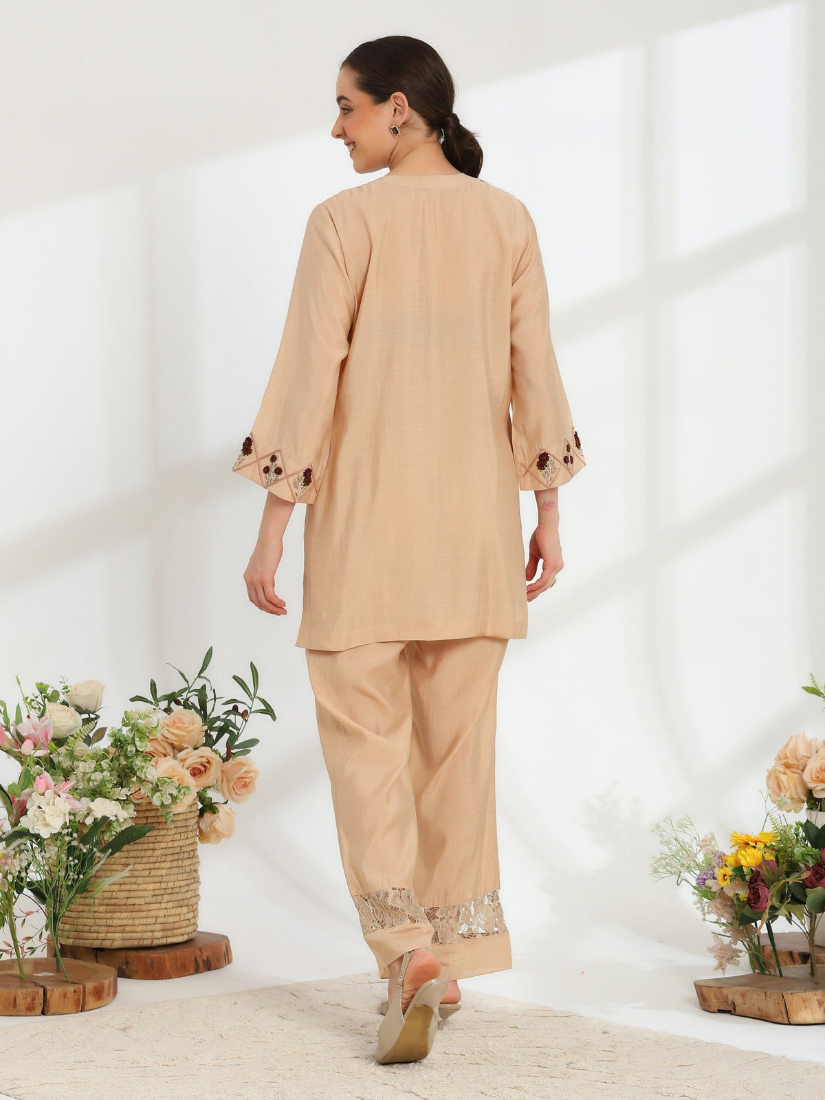 Auré Beige Hand Embroidered French lace Silk cotton Kurta Set