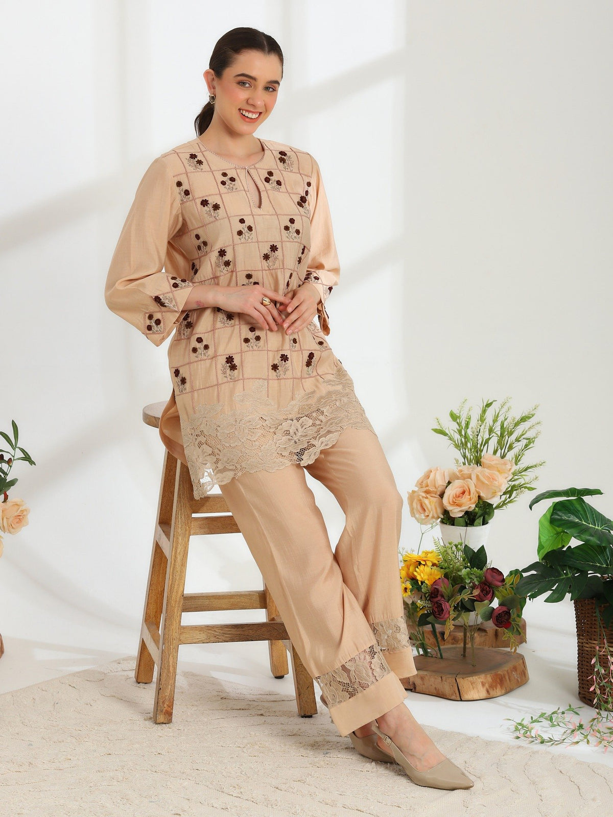 Auré Beige Hand Embroidered French lace Silk cotton Kurta Set