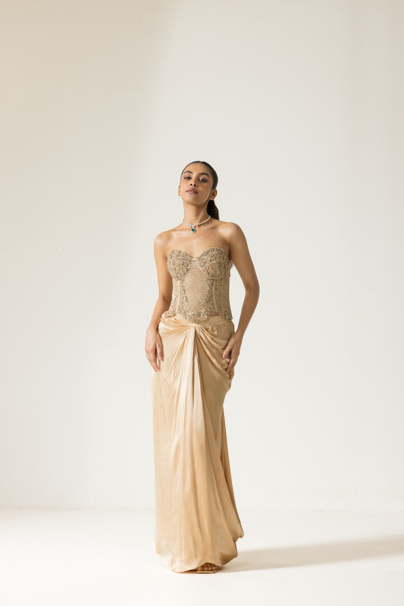 Ivoria Alouette Hand Embroidered French Lace Silk Satin Corset Set