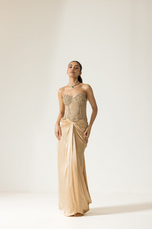 Ivoria Alouette Hand Embroidered French Lace Silk Satin Corset Set