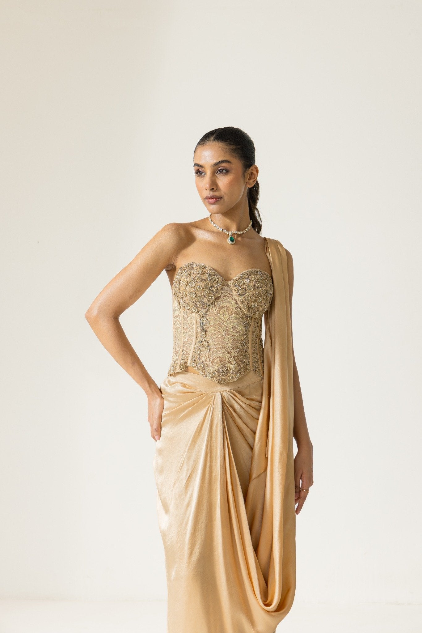 Ivoria Alouette Hand Embroidered French Lace Silk Satin Corset Set