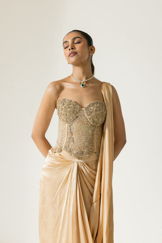 Ivoria Alouette Hand Embroidered French Lace Silk Satin Corset Set