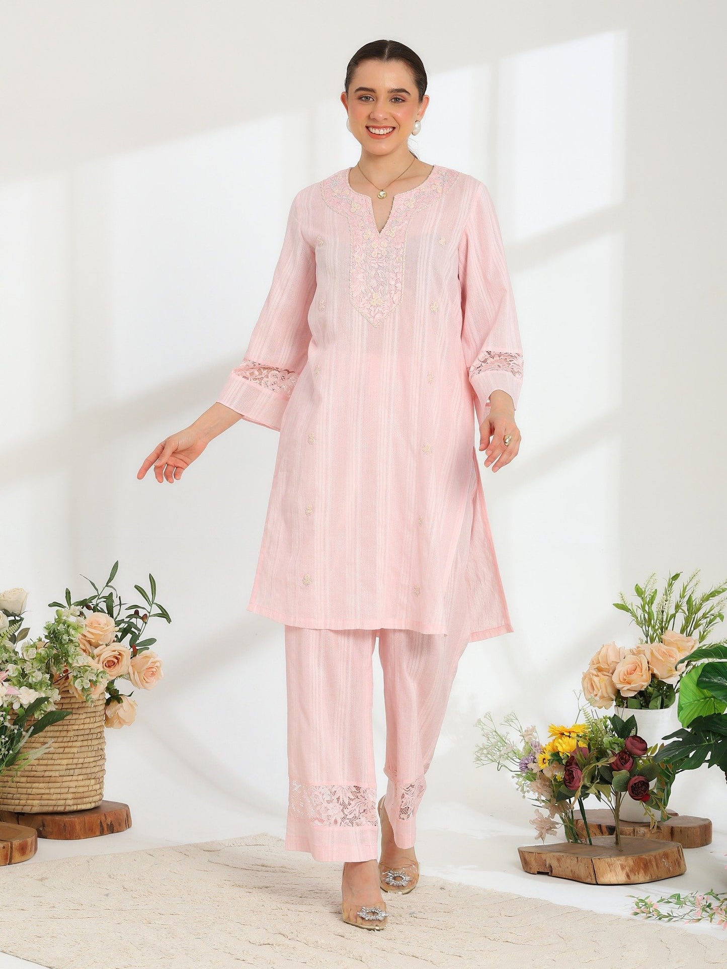 Silvaire Rose Hand Embroidered French Lace  Cotton Lurex Kurta Set
