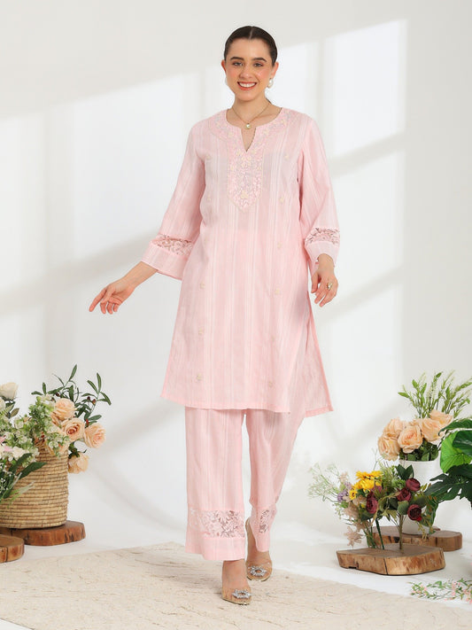 Silvaire Rose Hand Embroidered French Lace  Cotton Lurex Kurta Set