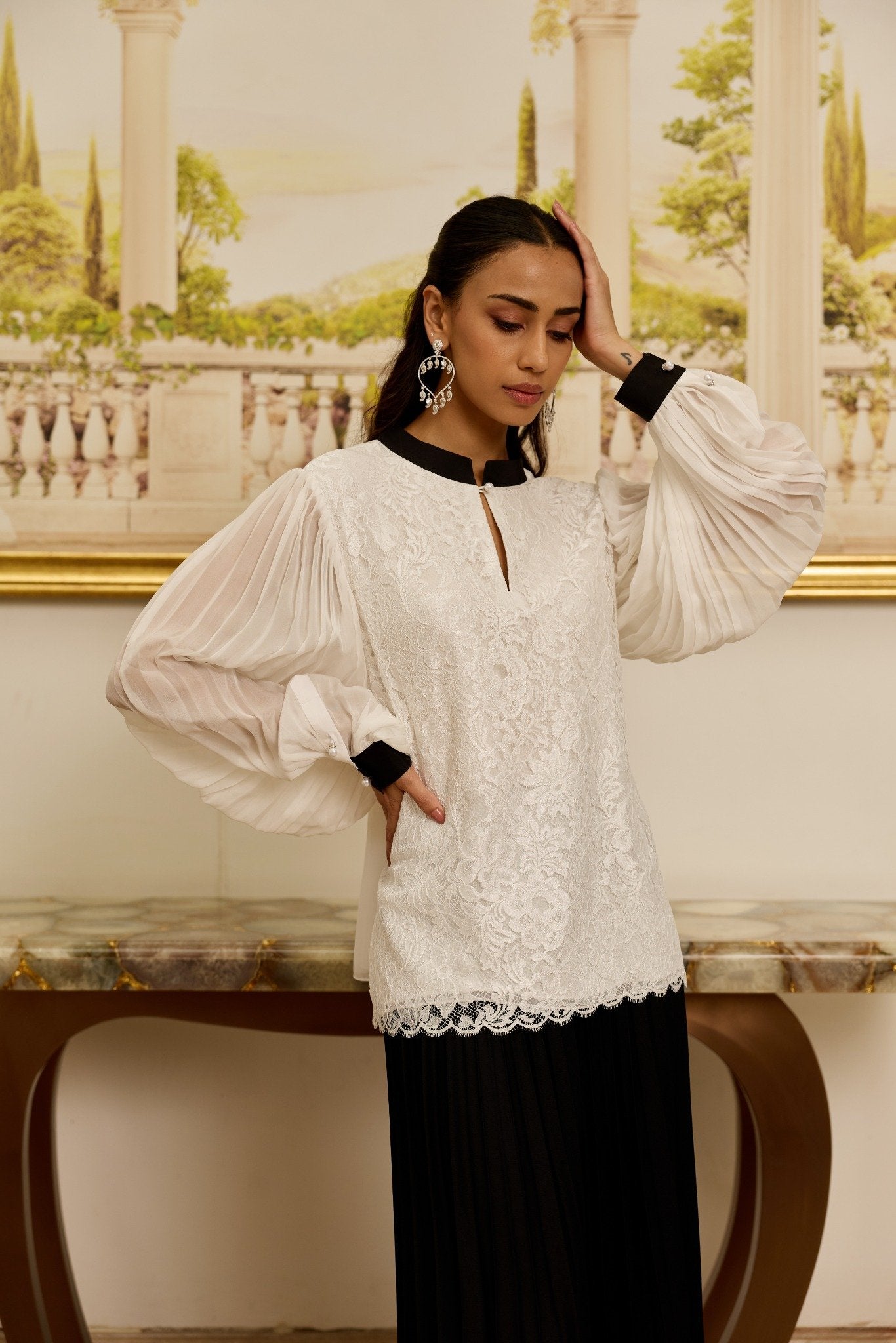 Celestia White French Lace Chiffon Blouse
