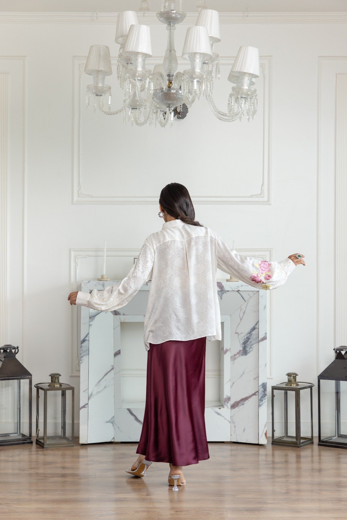 Elysia Ivory Parsi Hand embroidered French Lace Jacquard Crepe Shirt