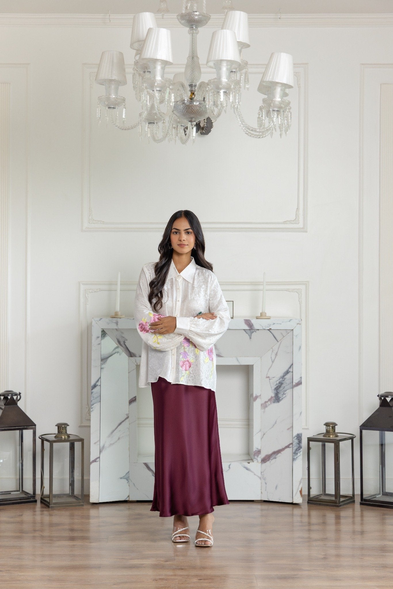 Elysia Ivory Parsi Hand embroidered French Lace Jacquard Crepe Shirt