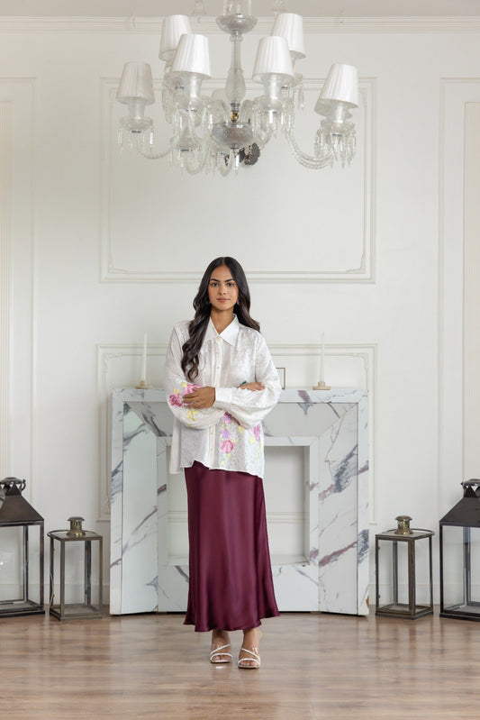 Elysia Ivory Parsi Hand embroidered French Lace Jacquard Crepe Shirt