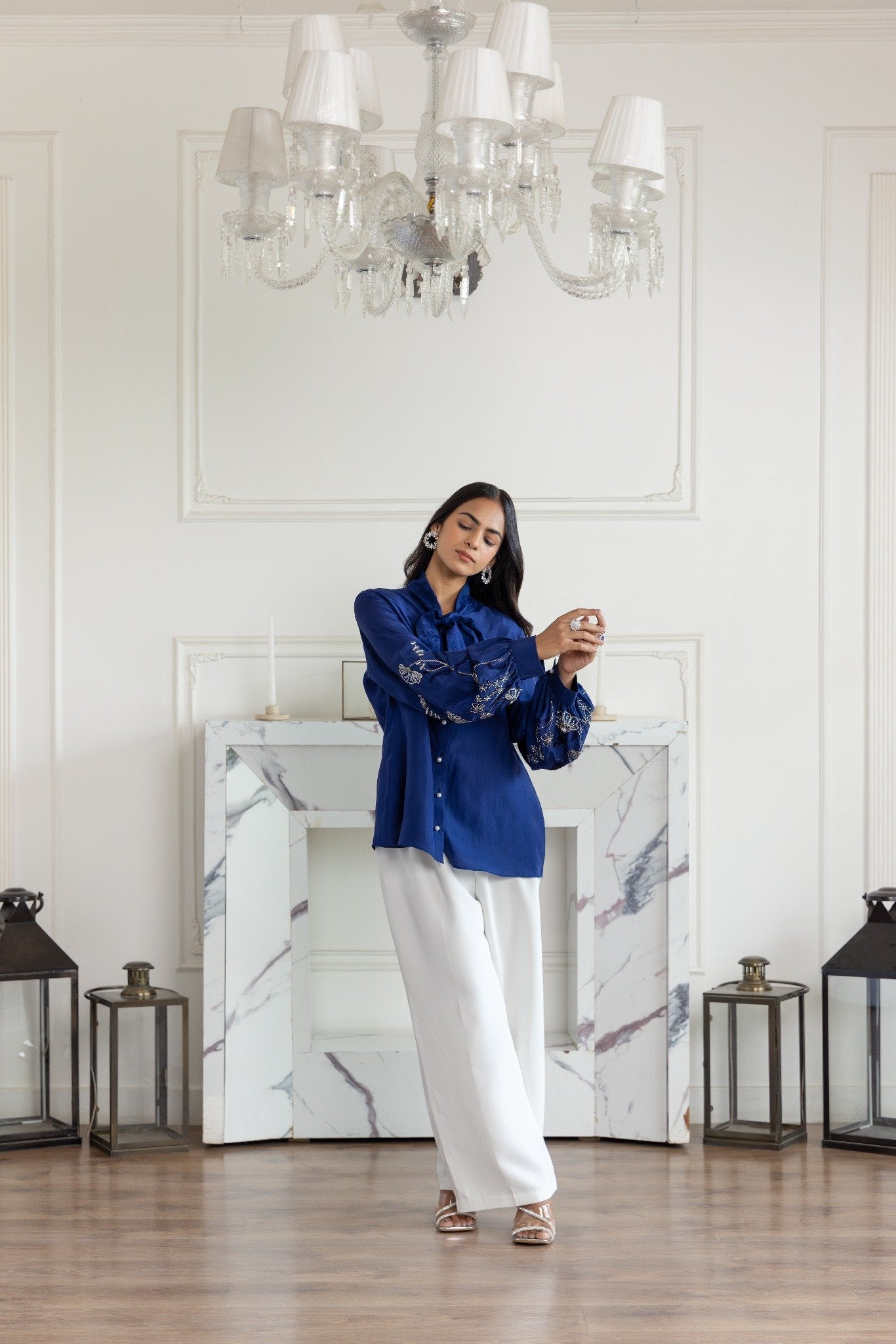 Amariel Navy Blue Hand embroidered French Lace Bow Habotai Silk Shirt