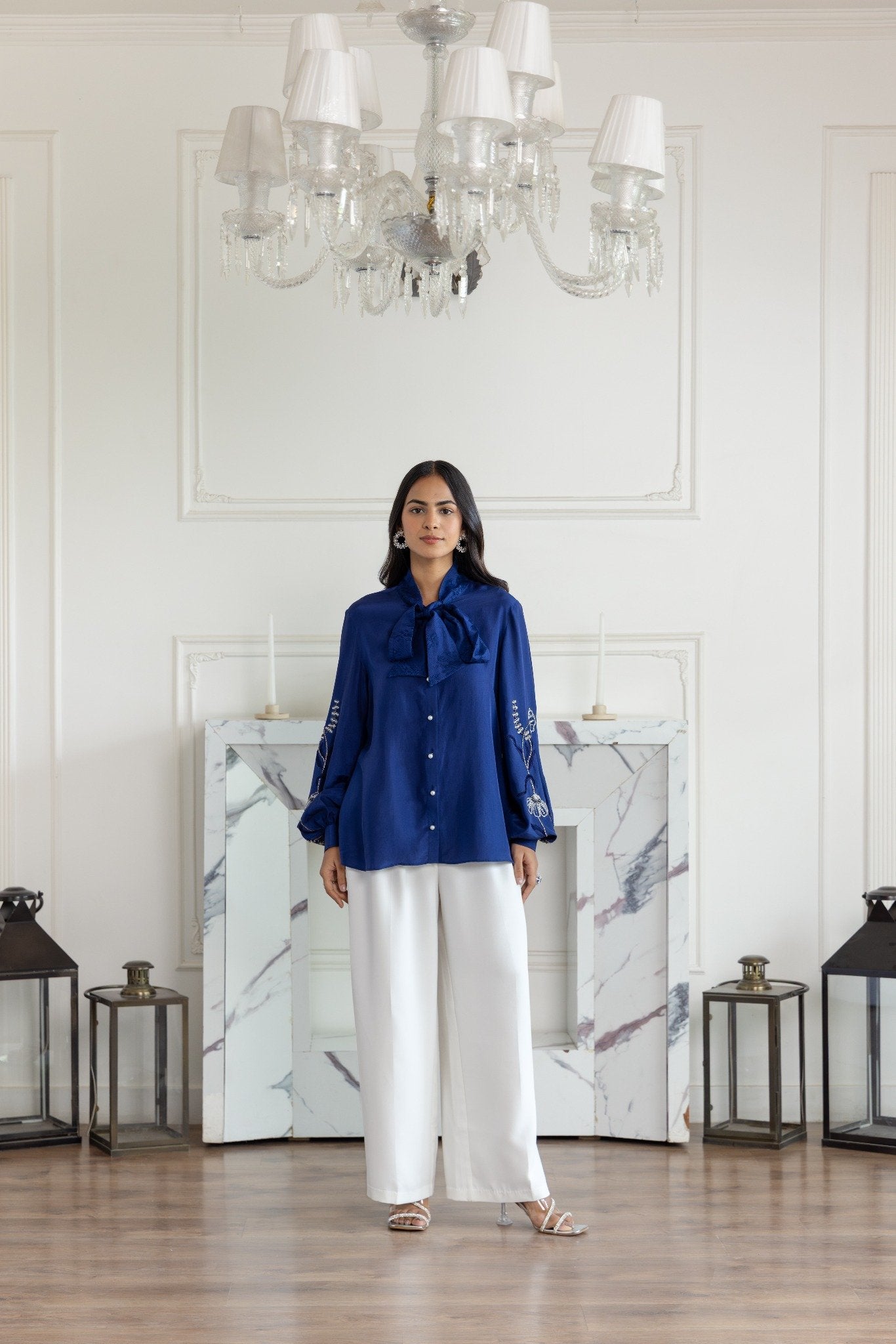 Amariel Navy Blue Hand embroidered French Lace Bow Habotai Silk Shirt