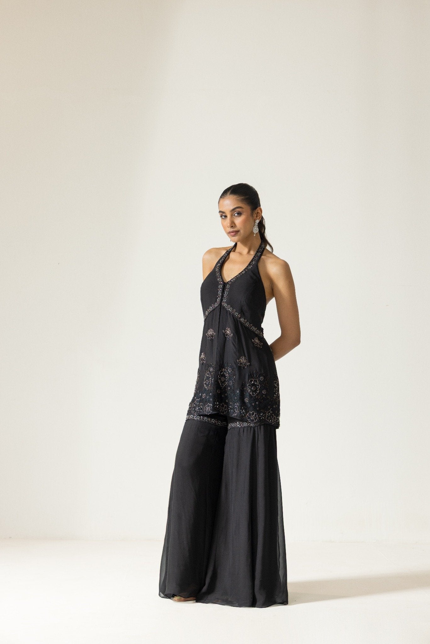 Hand embroidered French lace Chiffon Silk Sharara set
