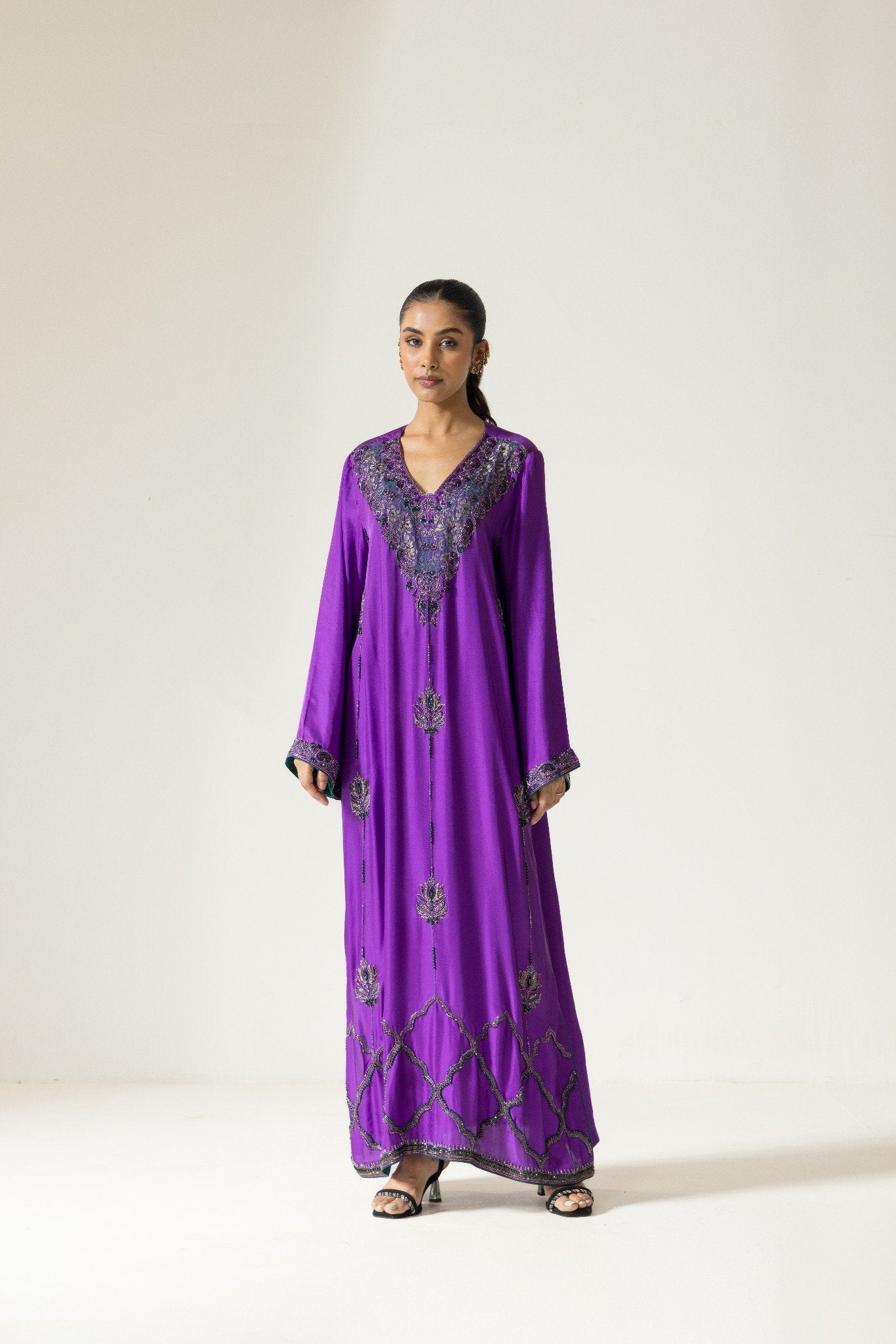Orchid Hand Embroidered French lace Twill Silk Kaftaan