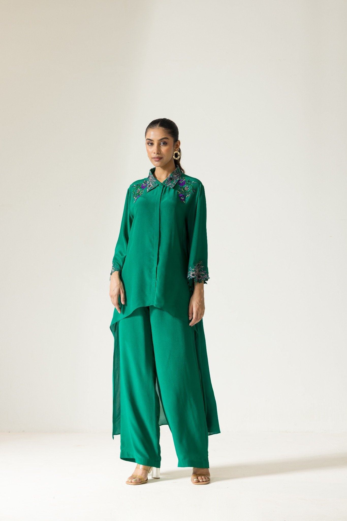 Hydrangea Hand Embroidered French Lace Crepe Co-ord Set