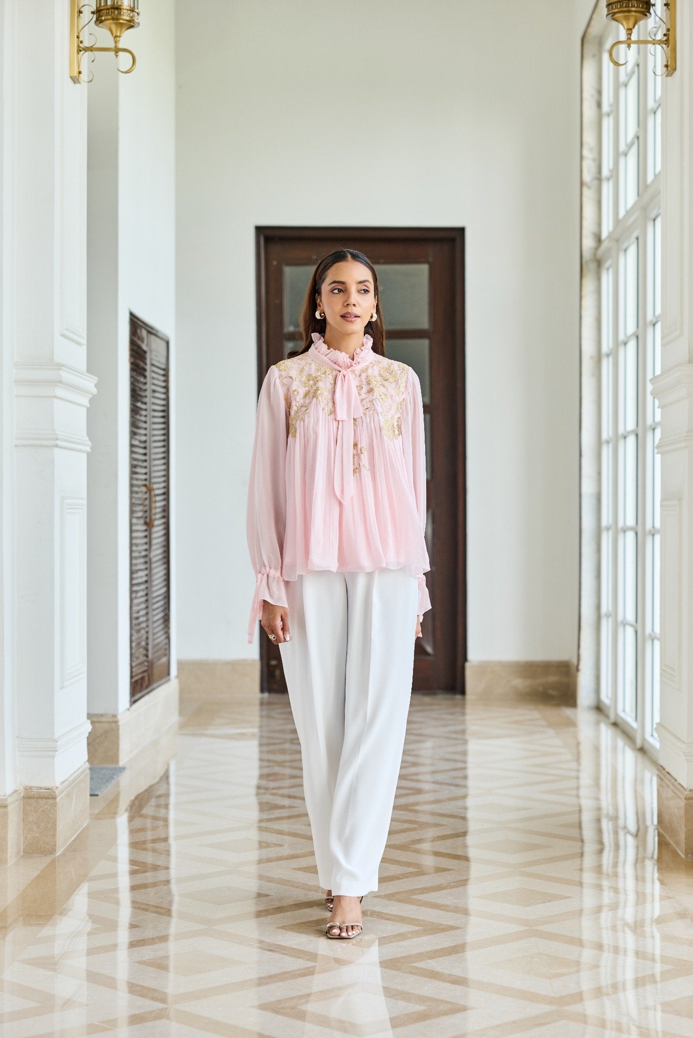 Petal Crest Pink Bow French Lace Flat Chiffon Top