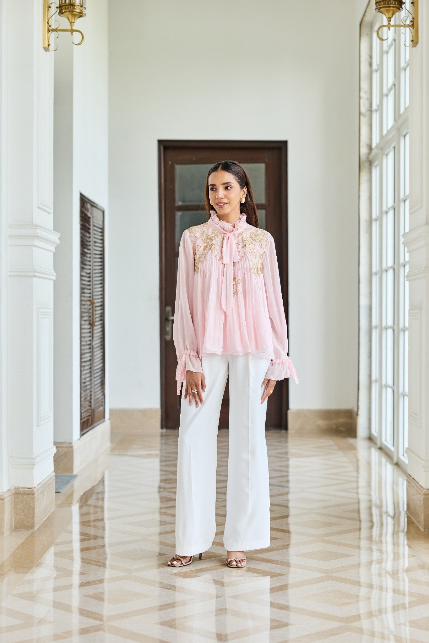 Petal Crest Pink Bow French Lace Flat Chiffon Top