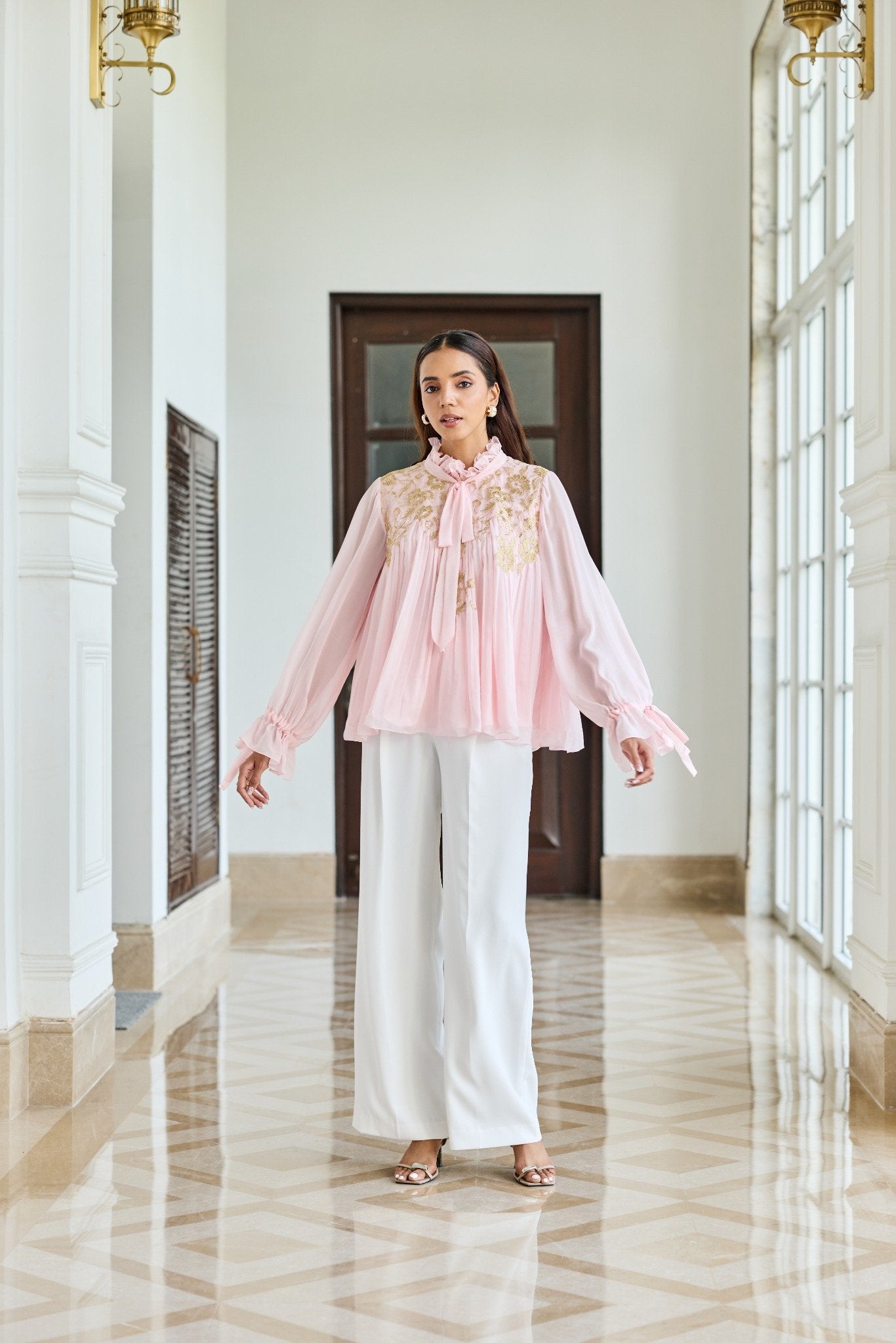 Petal Crest Pink Bow French Lace Flat Chiffon Top