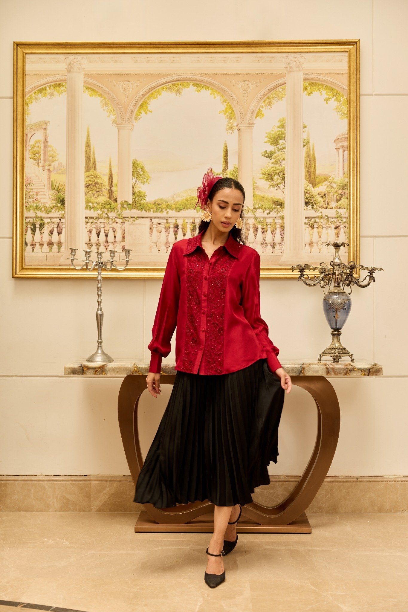 Amulet Cherry Red French Lace Panel Hand Embellished Twill Silk Shirt