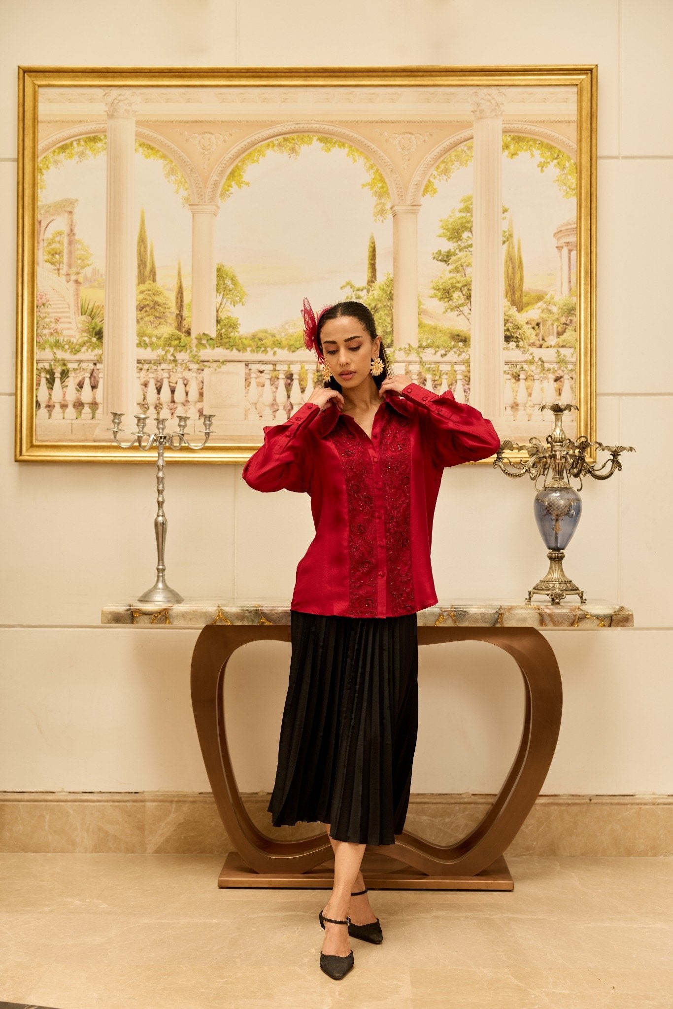 Amulet Cherry Red French Lace Panel Hand Embellished Twill Silk Shirt