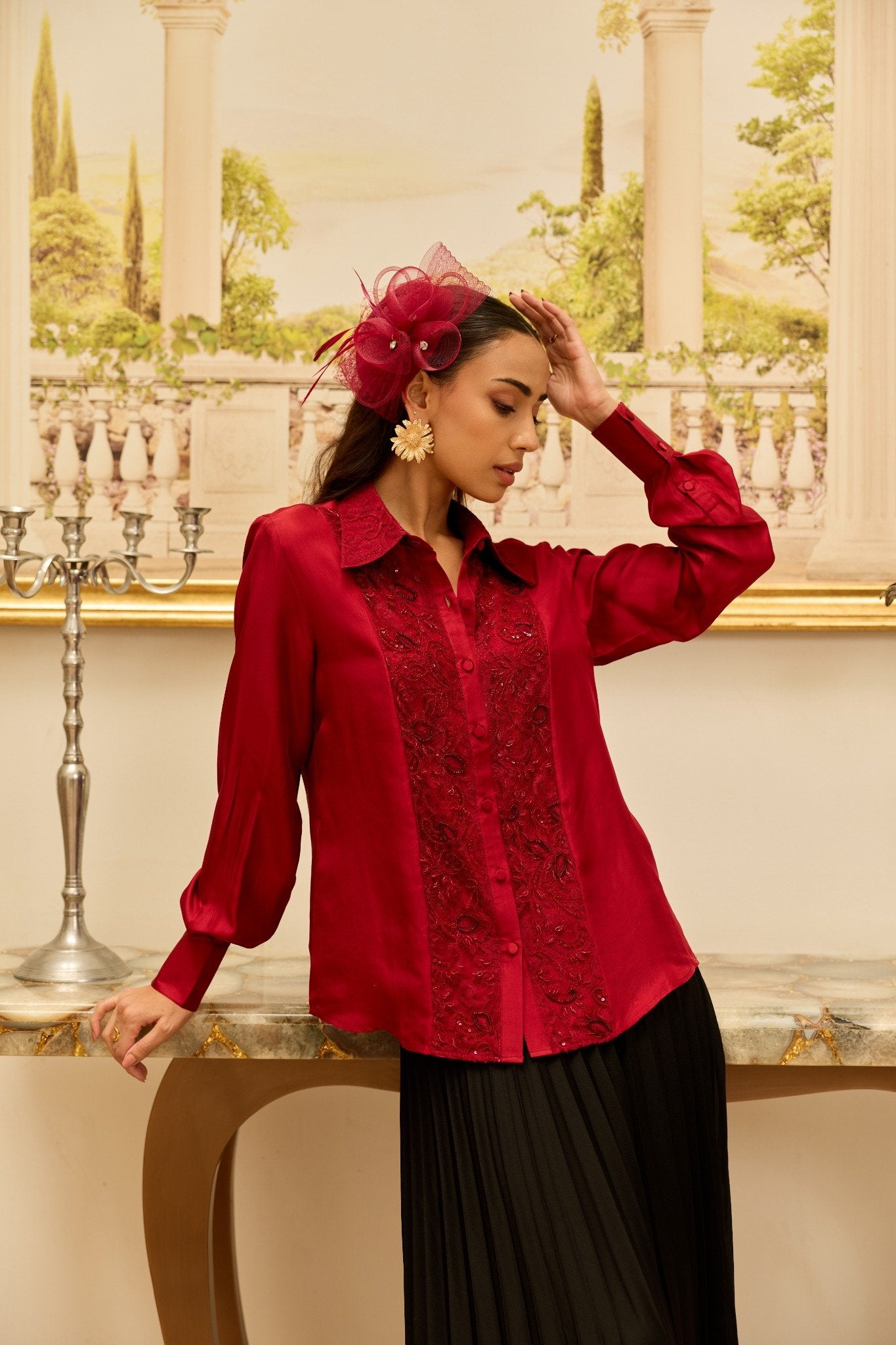 Amulet Cherry Red French Lace Panel Hand Embellished Twill Silk Shirt
