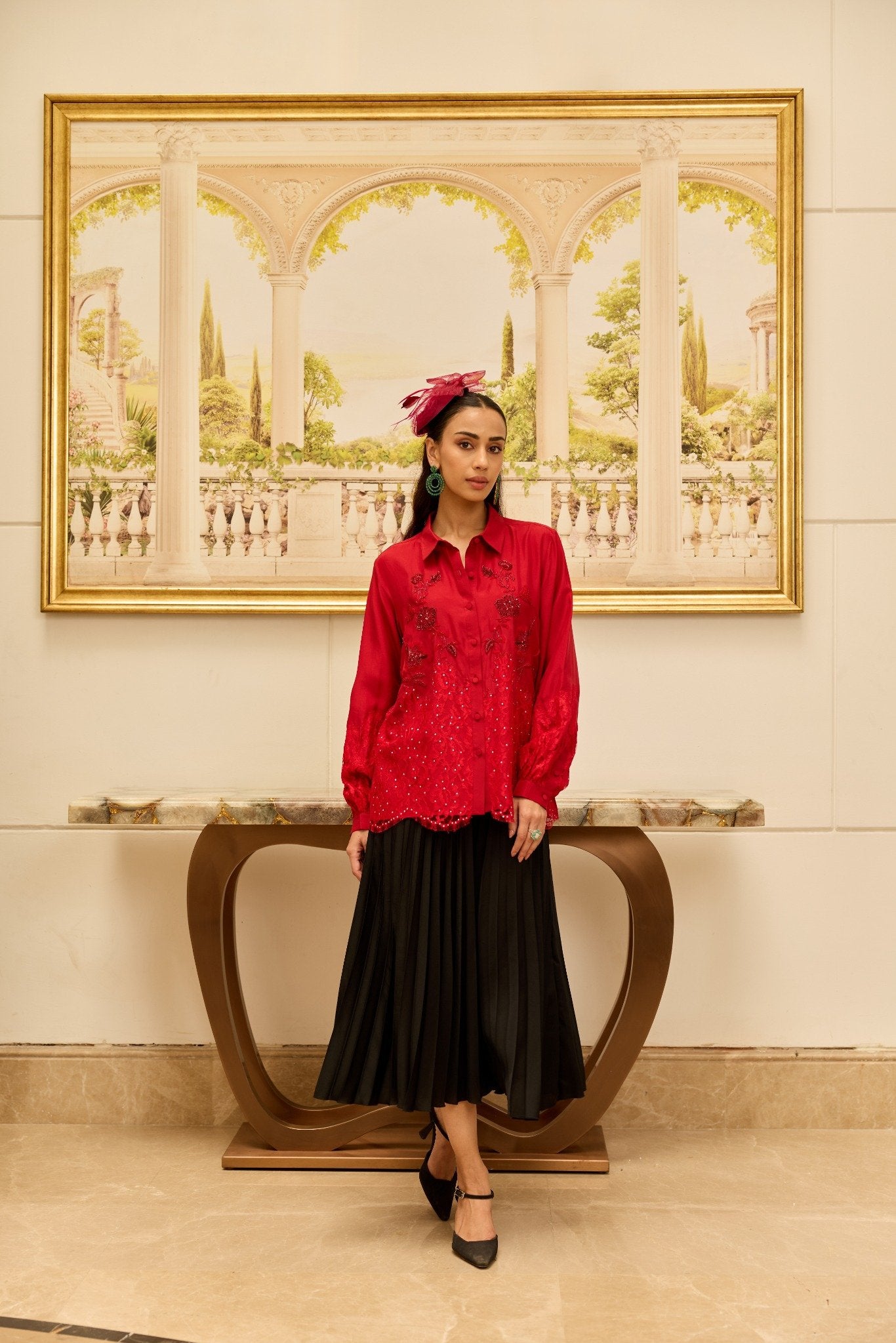 Amulet Cherry Red French Lace Panel Hand Embellished Twill Silk Shirt (Copy)