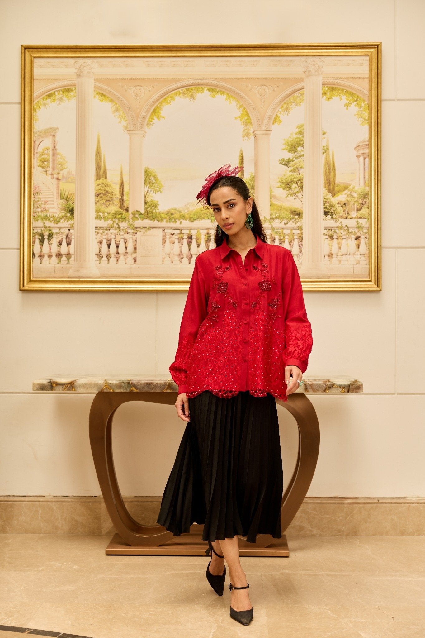Amulet Cherry Red French Lace Panel Hand Embellished Twill Silk Shirt (Copy)