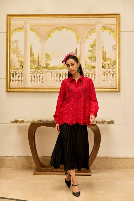 Amulet Cherry Red French Lace Panel Hand Embellished Twill Silk Shirt (Copy)