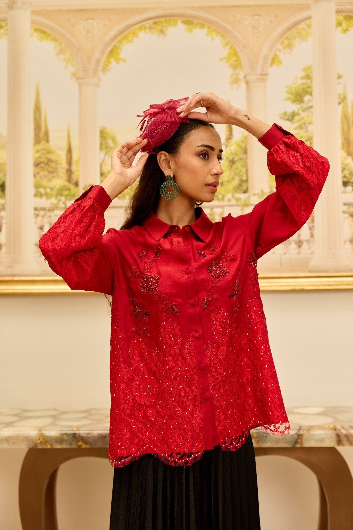 Amulet Cherry Red French Lace Panel Hand Embellished Twill Silk Shirt (Copy)