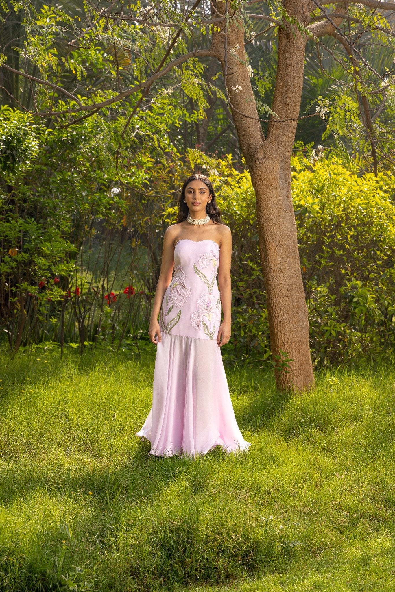 Wisteria Hand Embroidered French lace Chiffon Silk long Dress