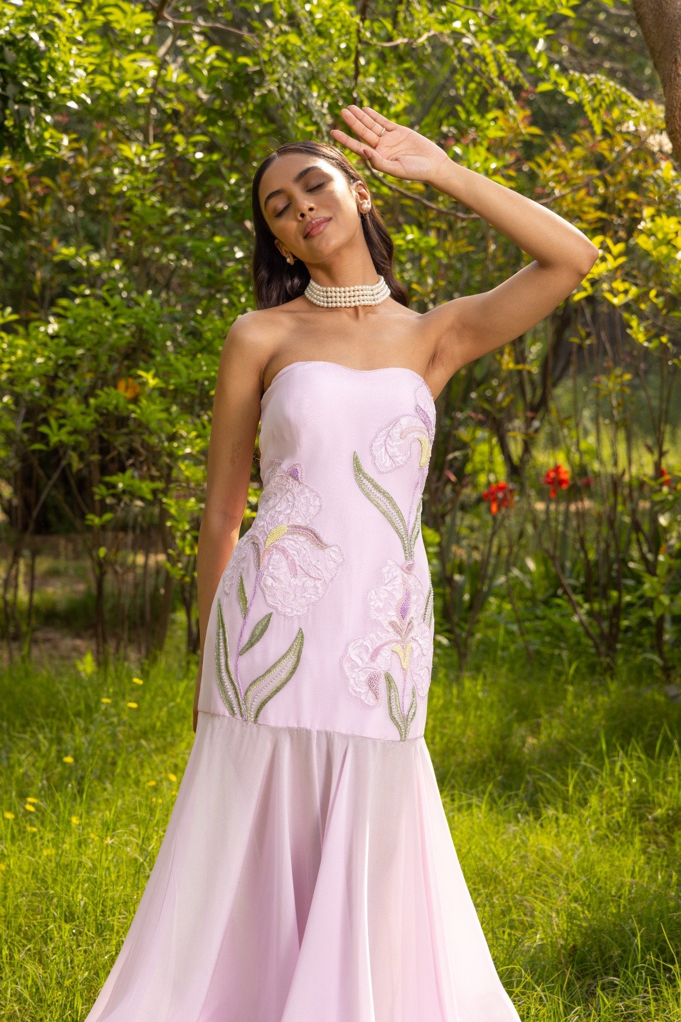 Wisteria Hand Embroidered French lace Chiffon Silk long Dress