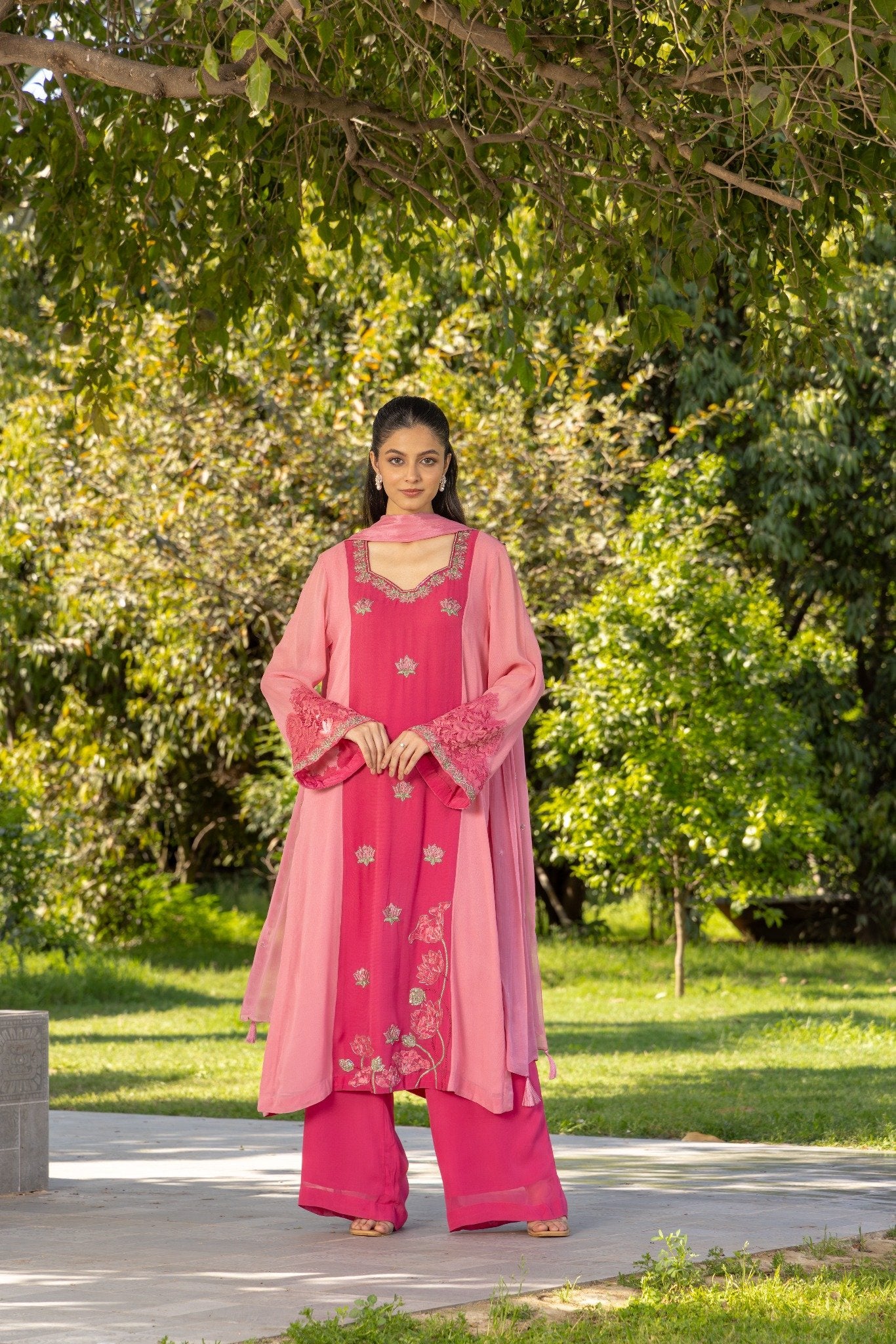 Lotus Hand emebroidered French lace Crepe Suit