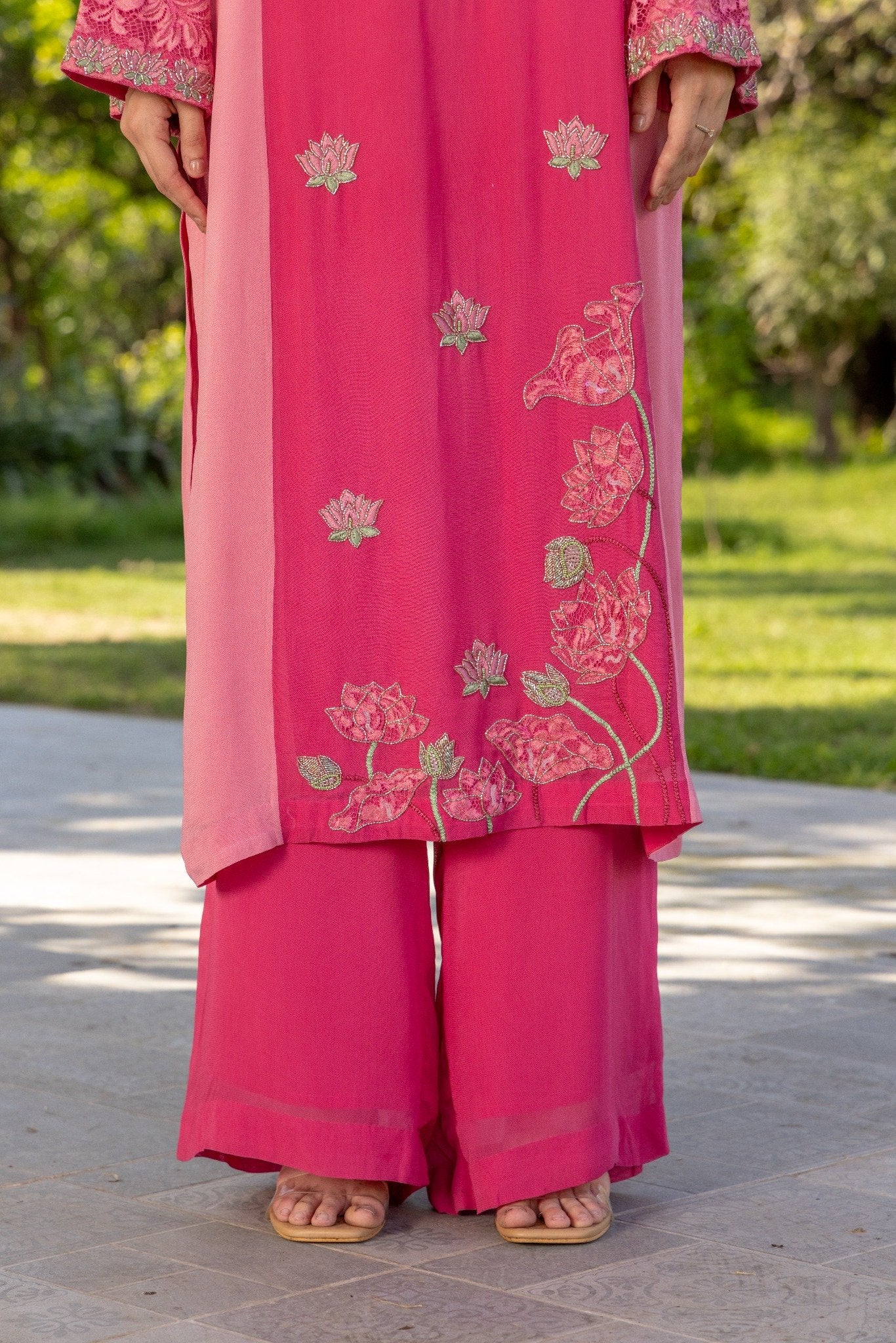 Lotus Hand emebroidered French lace Crepe Suit
