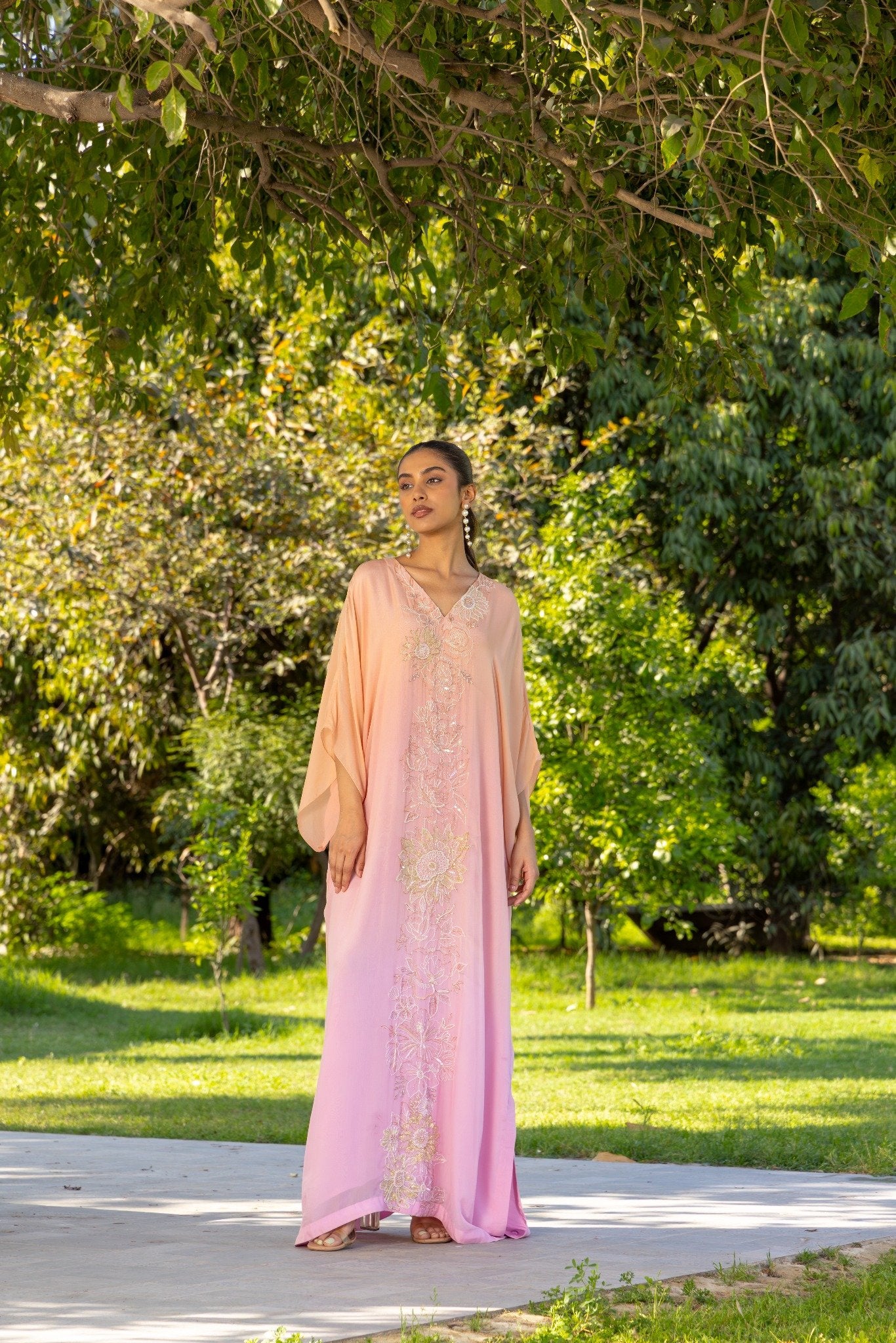 Marigold  Hand Embroidered French Lace Chiffon Silk Kaftaan
