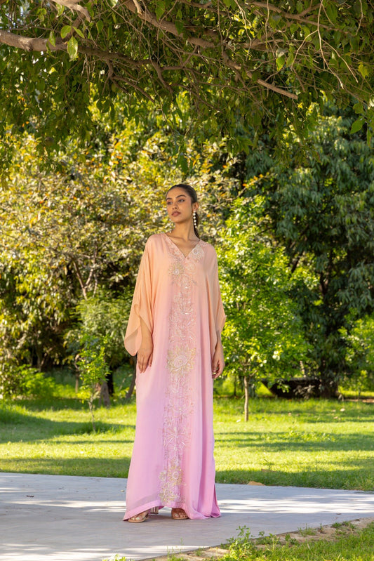 Marigold  Hand Embroidered French Lace Chiffon Silk Kaftaan