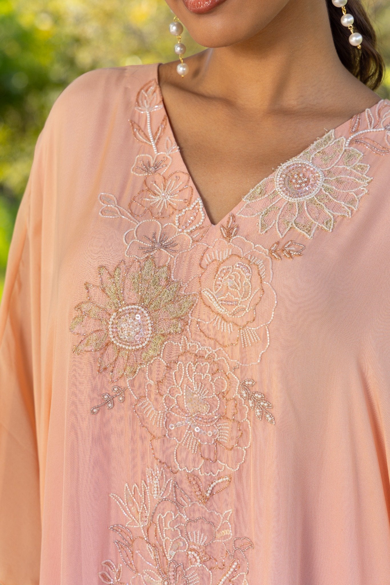 Marigold  Hand Embroidered French Lace Chiffon Silk Kaftaan