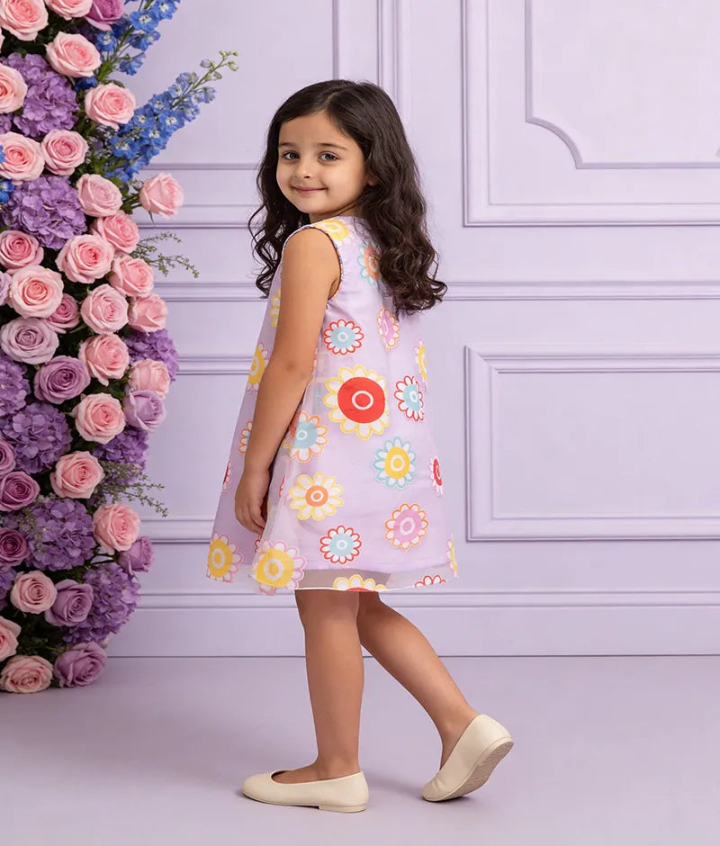 Lilac Flower Printed Organza Dress