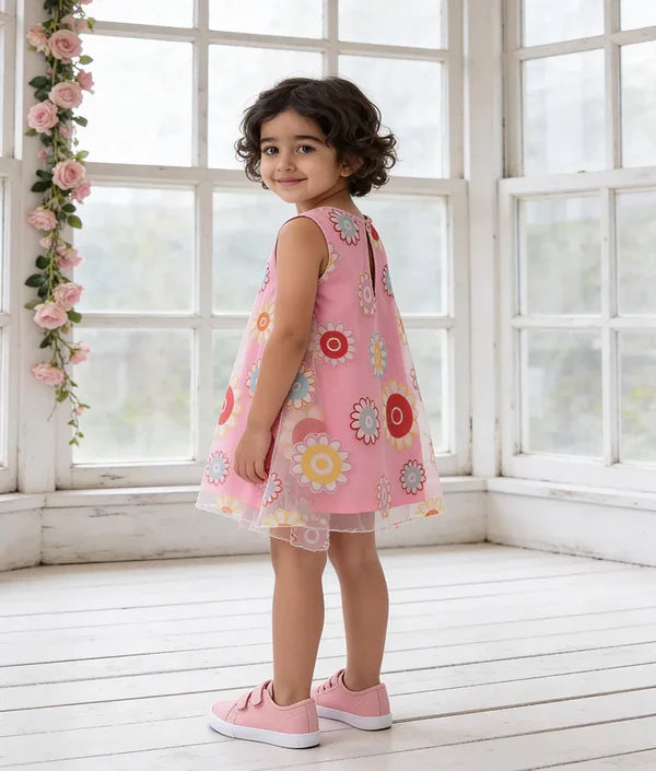 Pink Flower Printed Organza Dress