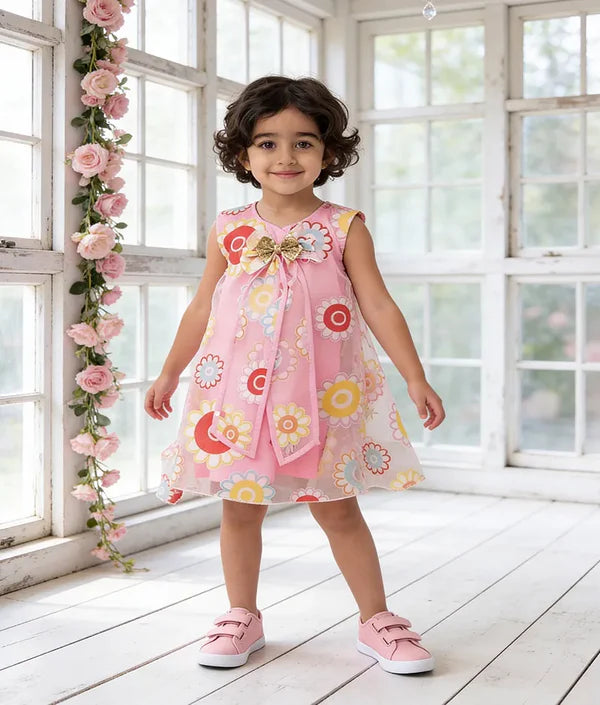 Pink Flower Printed Organza Dress
