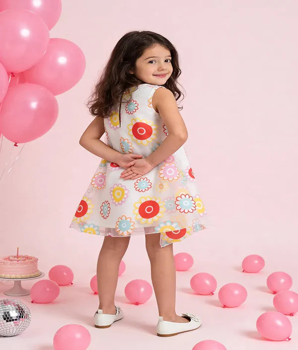 White Flower Printed Organza Dress
